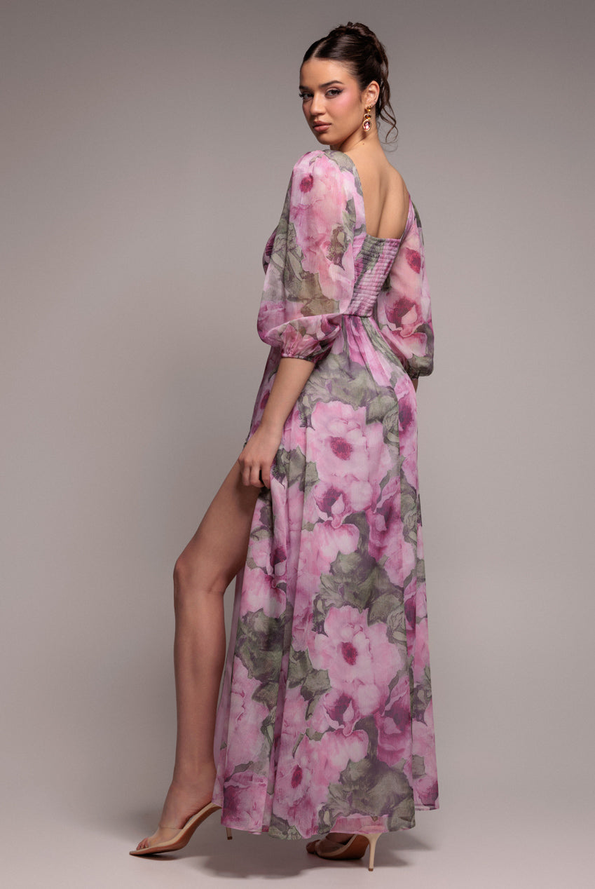 Puff Sleeve A-Line Printed Chiffon Maxi Dress With Split - Blush Pink DR4550