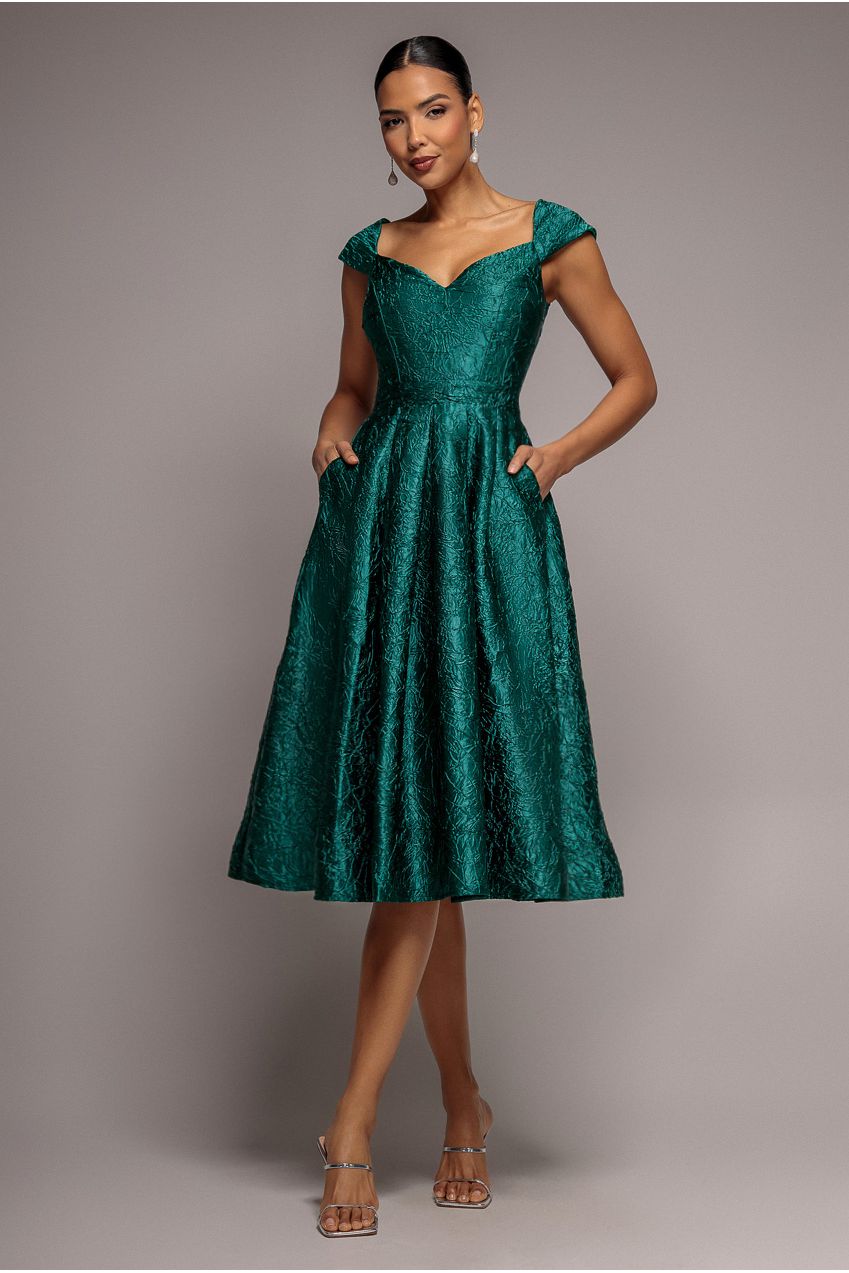 Crushed Satin Sleeveless A Line Midi Dress - Emerald Green DR4551