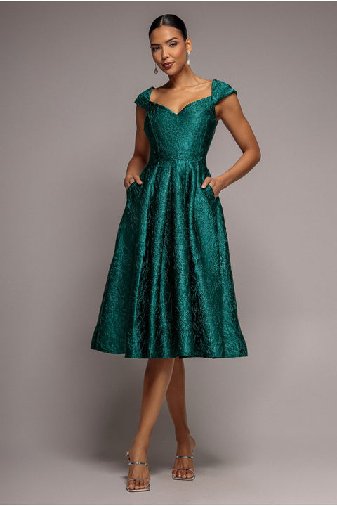 Crushed Satin Sleeveless A Line Midi Dress - Emerald Green | Goddiva Crushed Satin Sleeveless A Line Midi Dress - Emerald Green | Goddiva