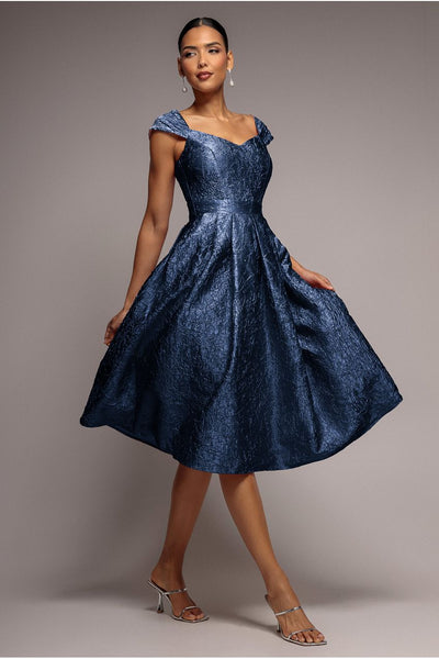 Navy - Crushed Satin Sleeveless A Line Midi Dress - Navy Blue by Goddiva