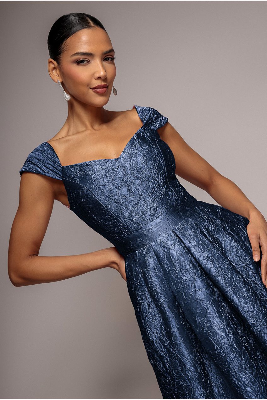 Crushed Satin Sleeveless A Line Midi Dress - Navy Blue | Goddiva Crushed Satin Sleeveless A Line Midi Dress - Navy Blue | Goddiva