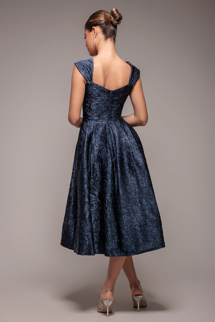 Crushed Satin Sleeveless A Line Midi Dress - Navy Blue DR4551