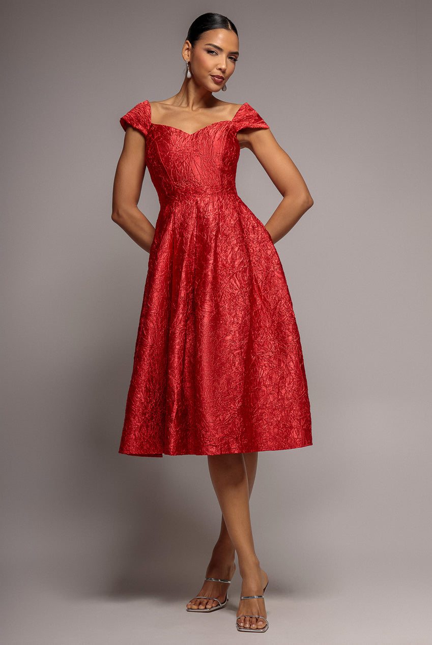 Crushed Satin Sleeveless A Line Midi Dress - Red DR4551