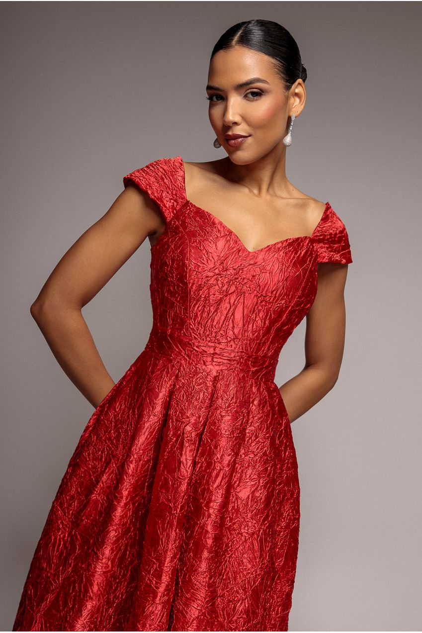 Crushed Satin Sleeveless A Line Midi Dress - Red DR4551