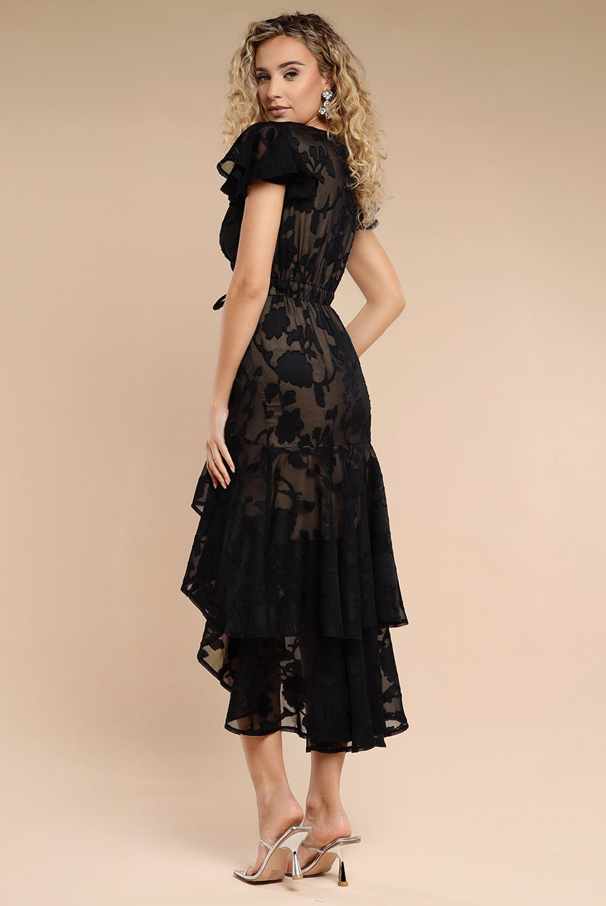 Jacquard Chiffon Wrap High Low Midaxi Dress - Black DR4552