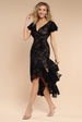 Goddiva Jacquard Chiffon Wrap High Low Midaxi Dress - Black