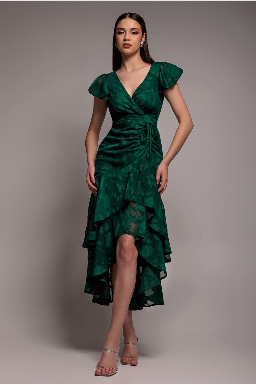 Jacquard Chiffon Wrap High Low Midaxi Dress - Emerald Green