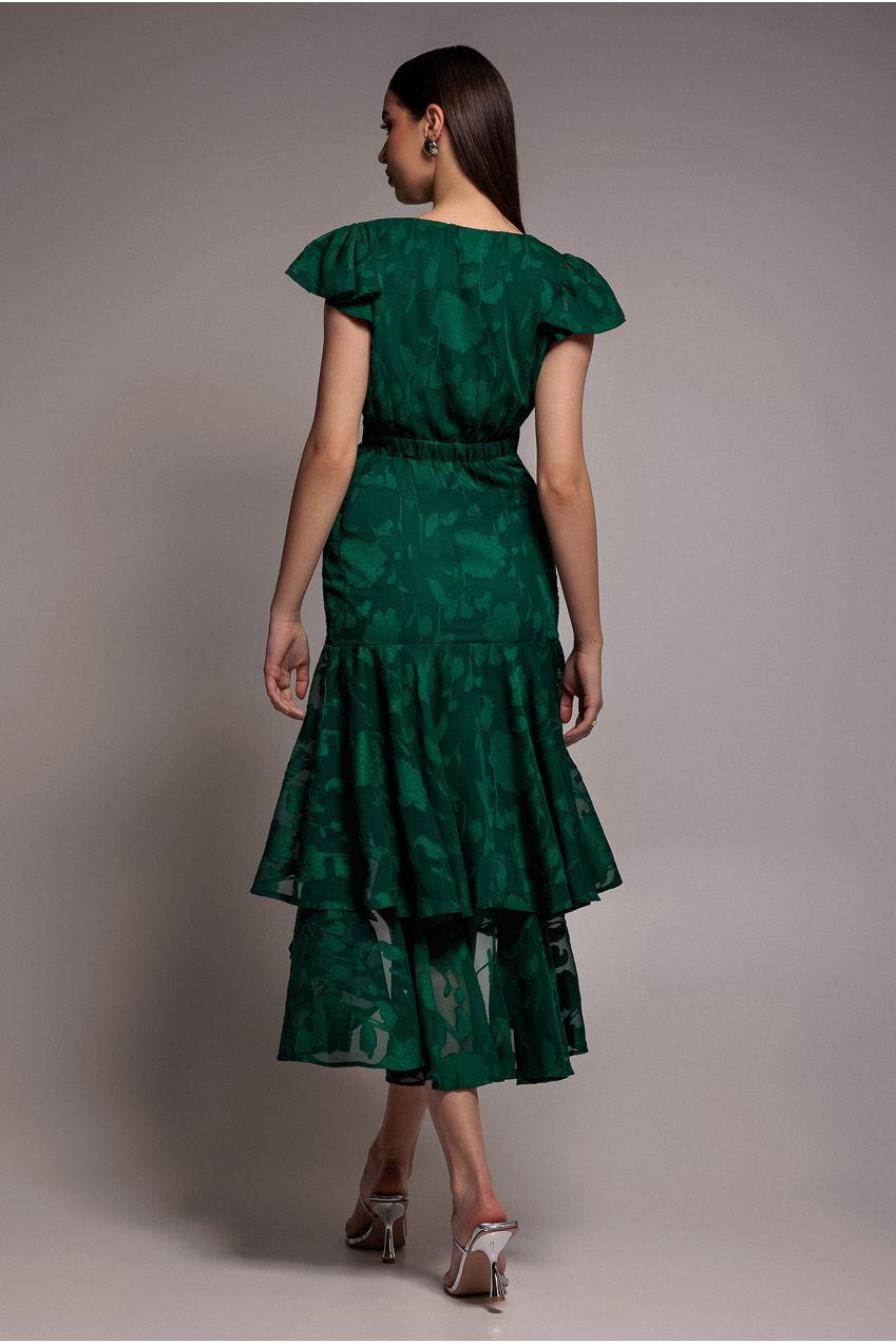 Jacquard Chiffon Wrap High Low Midaxi Dress - Emerald Green DR4552
