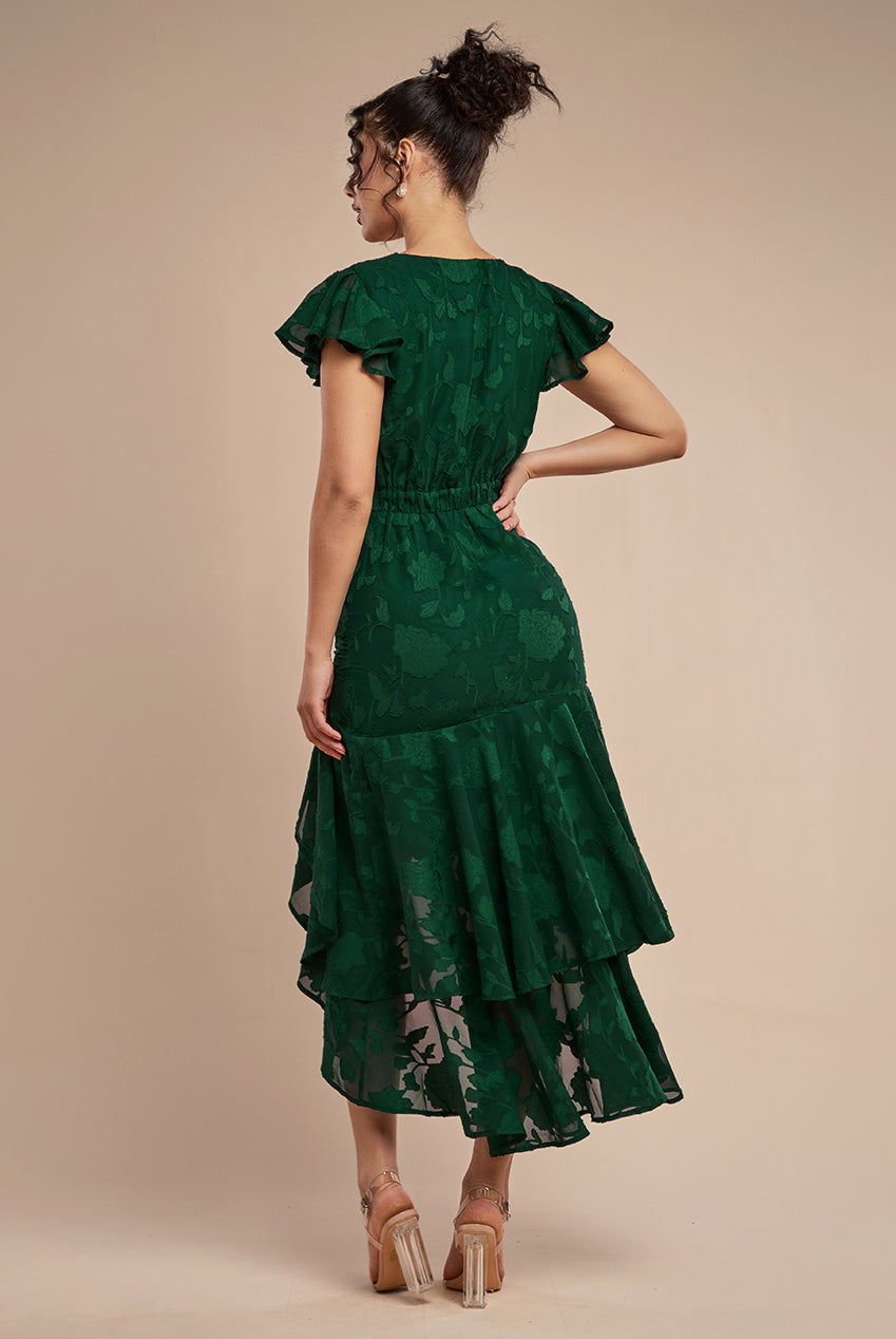 Jacquard Chiffon Wrap High Low Midaxi Dress - Emerald Green DR4552