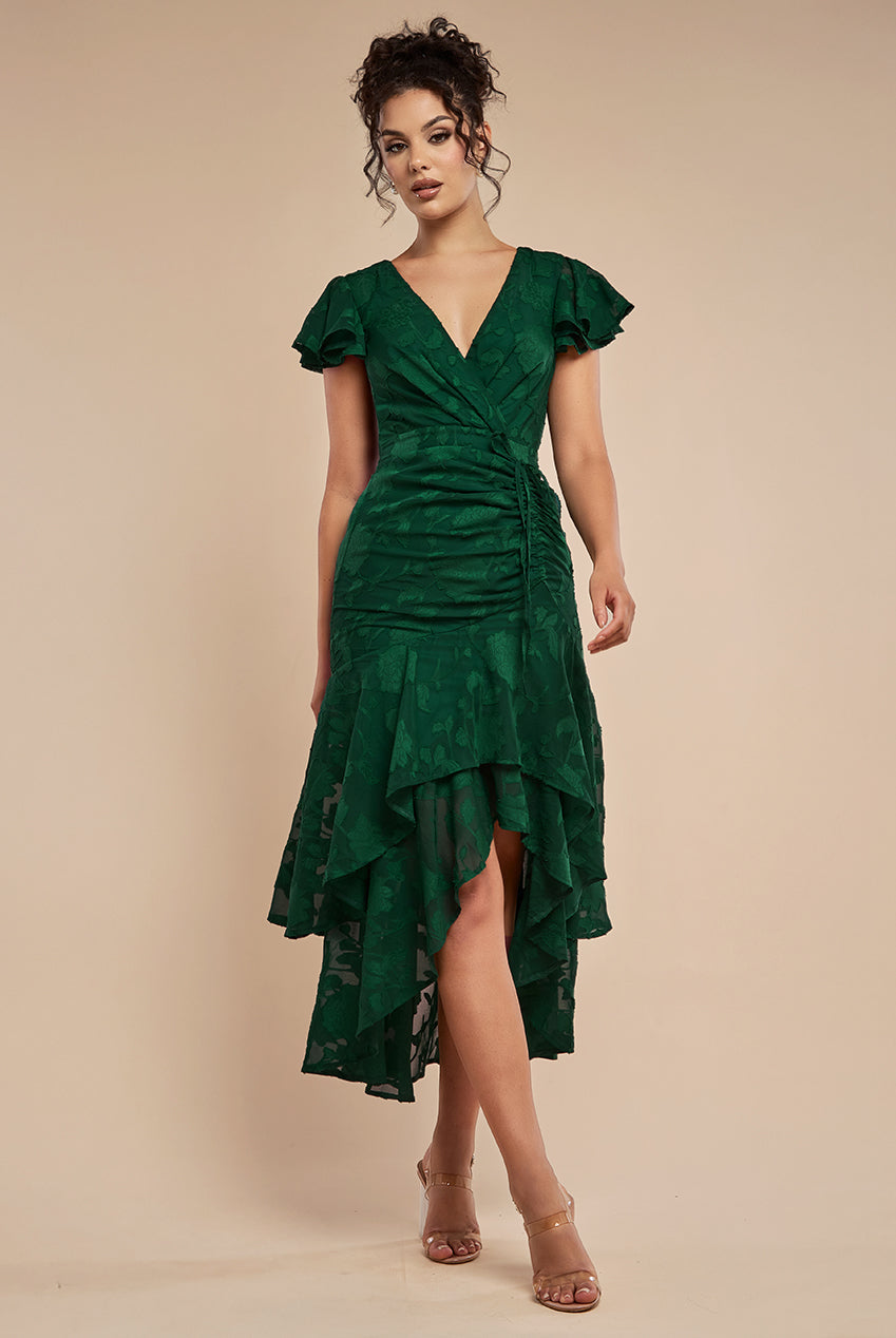 Jacquard Chiffon Wrap High Low Midaxi Dress - Emerald Green DR4552