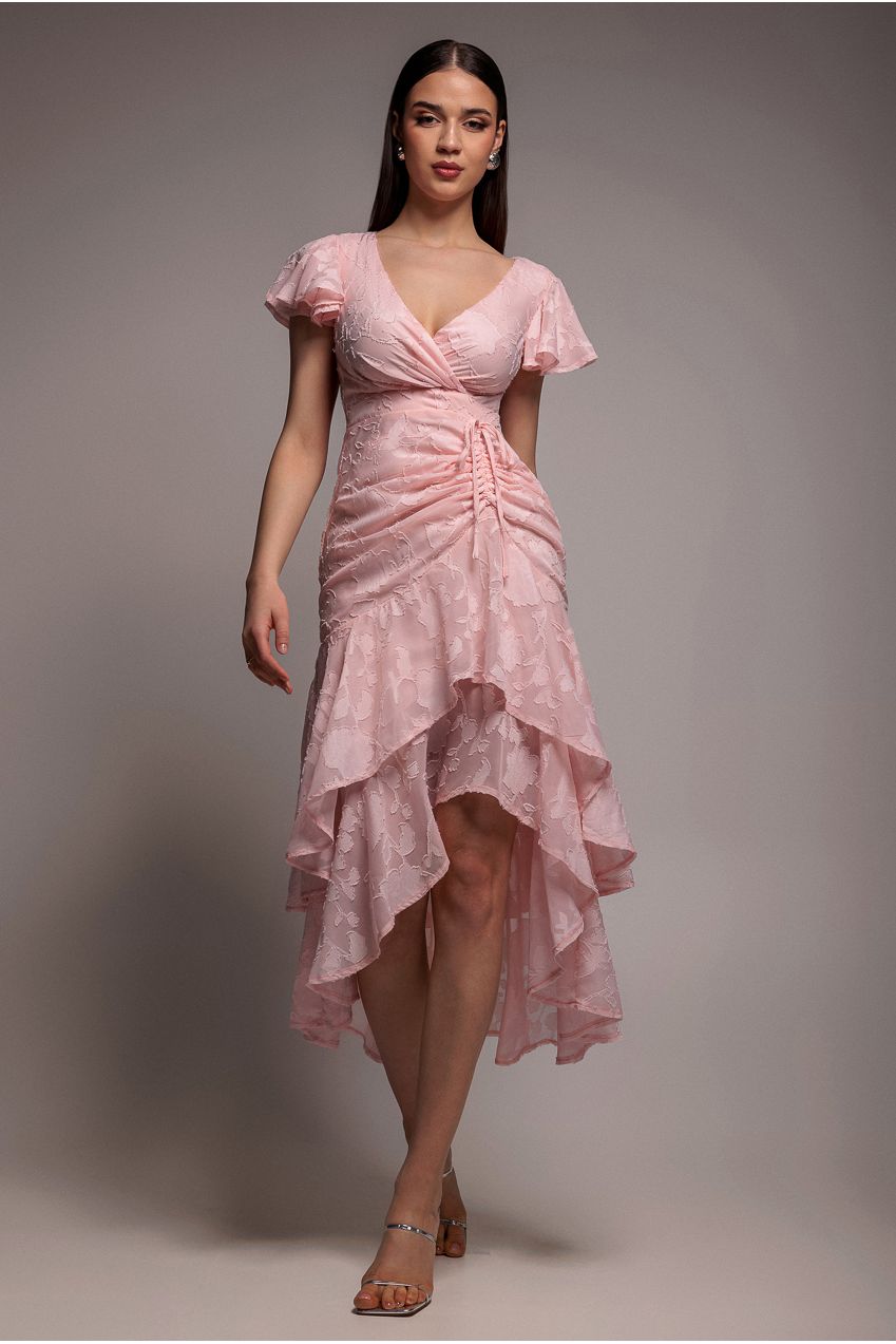 Jacquard Chiffon Wrap High Low Midaxi Dress - Pink | Goddiva Jacquard Chiffon Wrap High Low Midaxi Dress - Pink | Goddiva