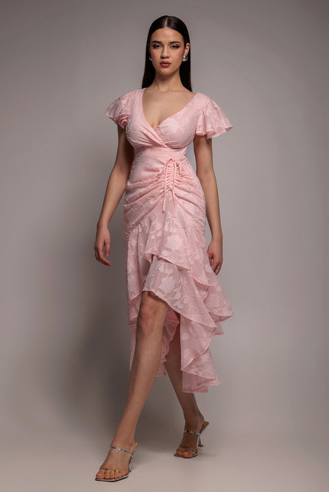 Jacquard Chiffon Wrap High Low Midaxi Dress - Pink by Goddiva