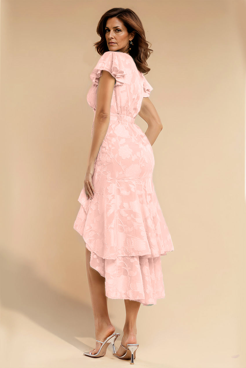 Jacquard Chiffon Wrap High Low Midaxi Dress - Pink DR4552M