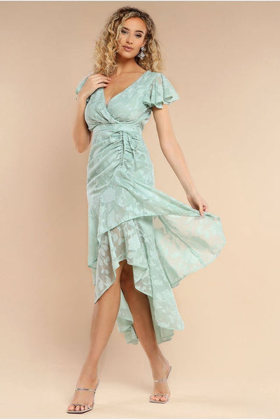 Jacquard Chiffon Wrap High Low Midaxi Dress - SageGreen