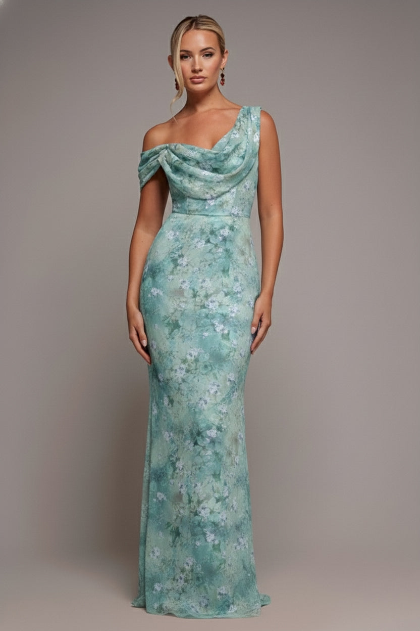 One Shoulder Cowl Neck Chiffon Floral Maxi Dress - Blue DR4555