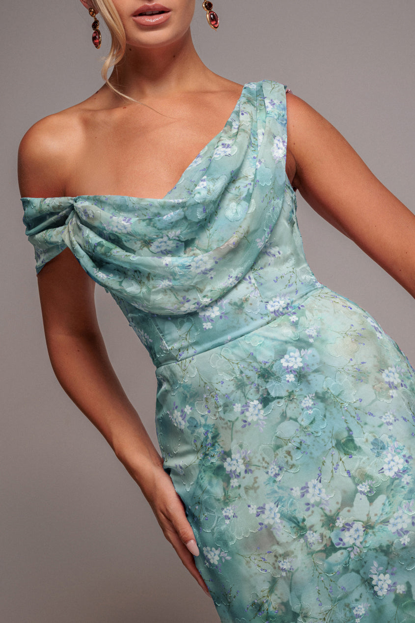 One Shoulder Cowl Neck Chiffon Floral Maxi Dress - Blue DR4555
