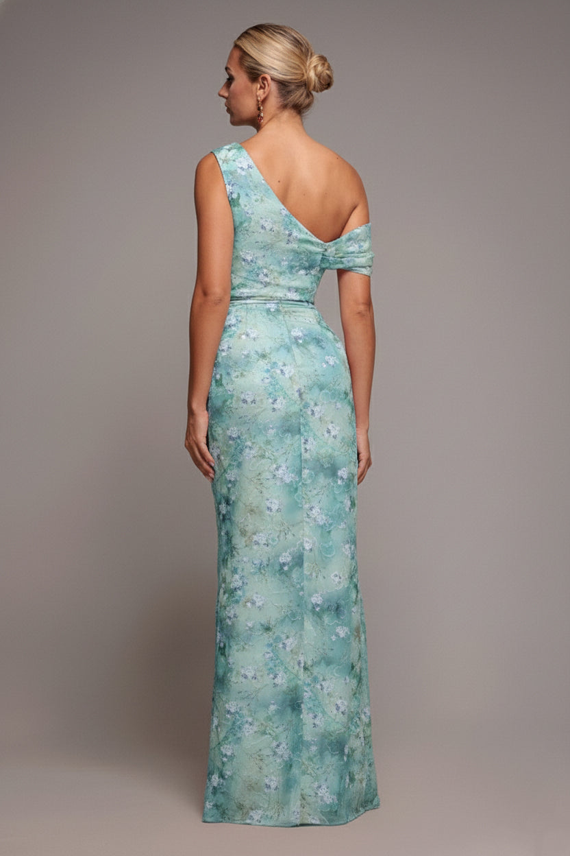One Shoulder Cowl Neck Chiffon Floral Maxi Dress - Blue DR4555