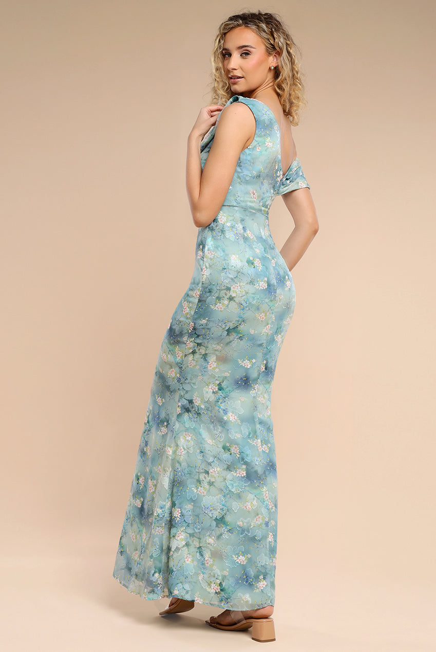 One Shoulder Cowl Neck Chiffon Floral Maxi Dress - Blue DR4555