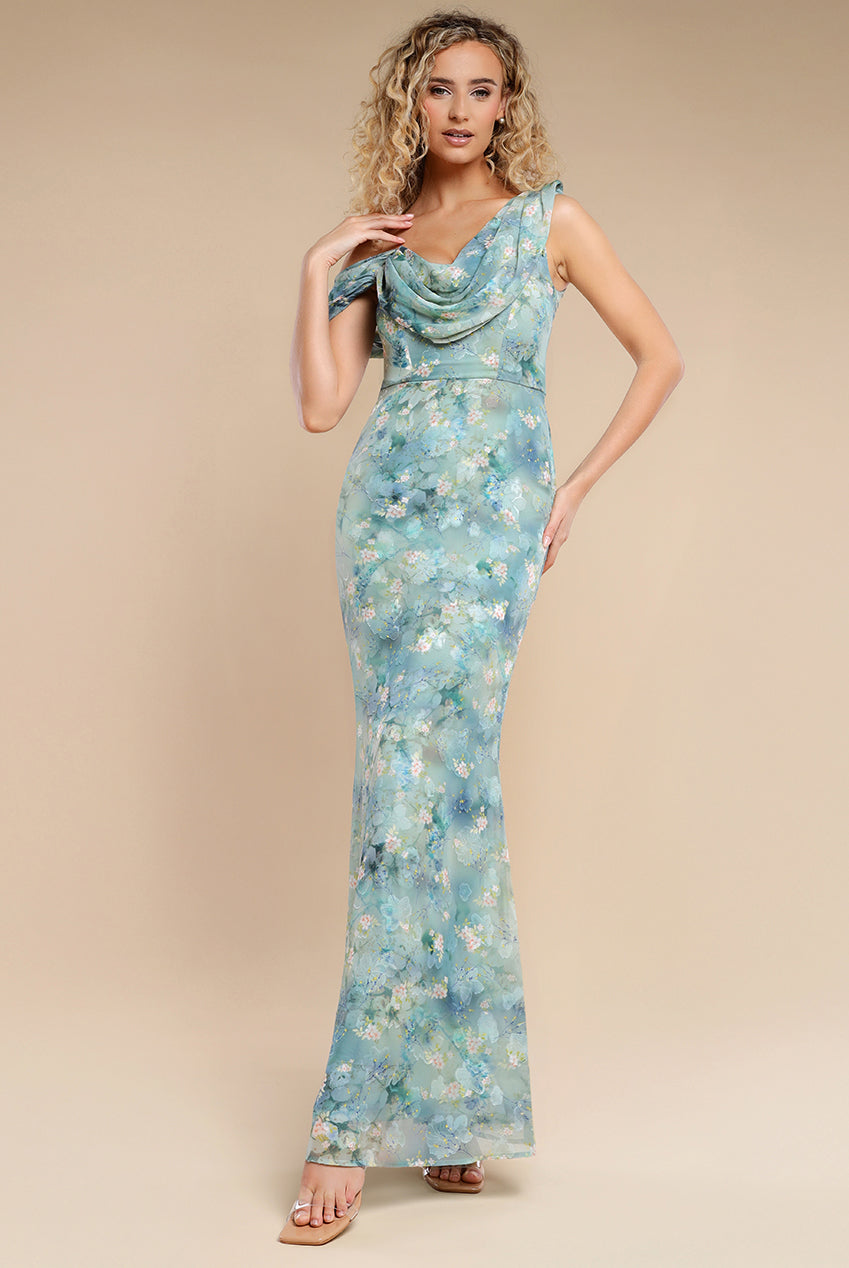 One Shoulder Cowl Neck Chiffon Floral Maxi Dress - Blue DR4555