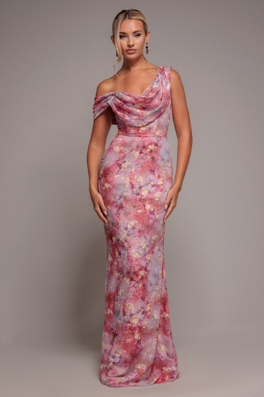One Shoulder Cowl Neck Chiffon Floral Maxi Dress - Pink DR4555
