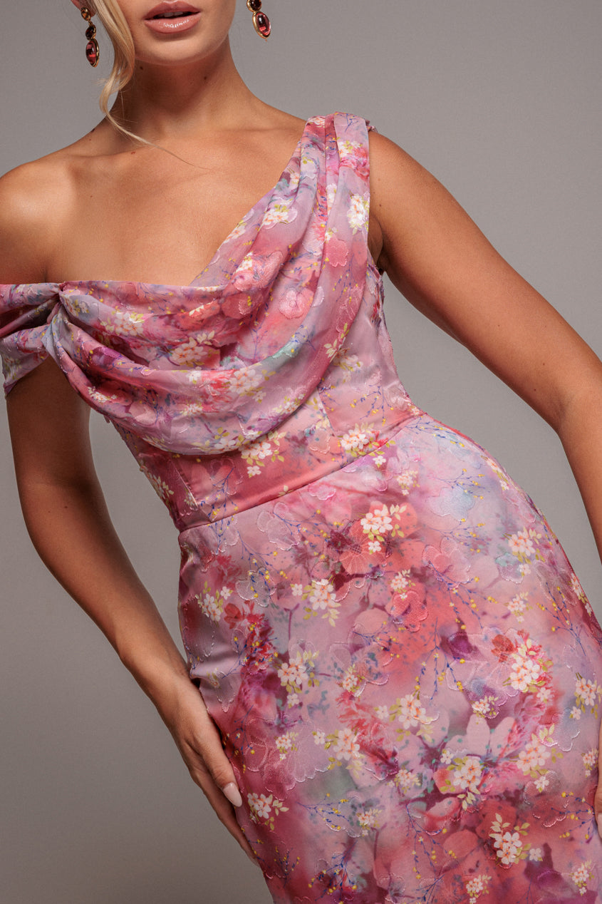 One Shoulder Cowl Neck Chiffon Floral Maxi Dress - Pink DR4555