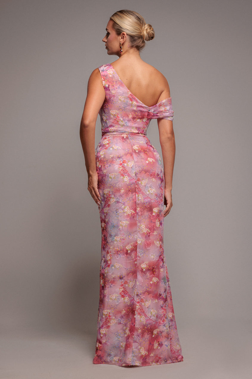 One Shoulder Cowl Neck Chiffon Floral Maxi Dress - Pink DR4555