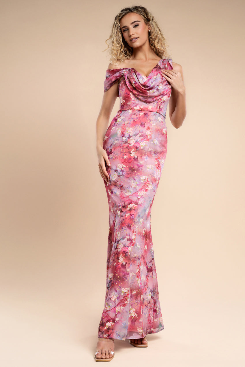 One Shoulder Cowl Neck Chiffon Floral Maxi Dress - Pink DR4555