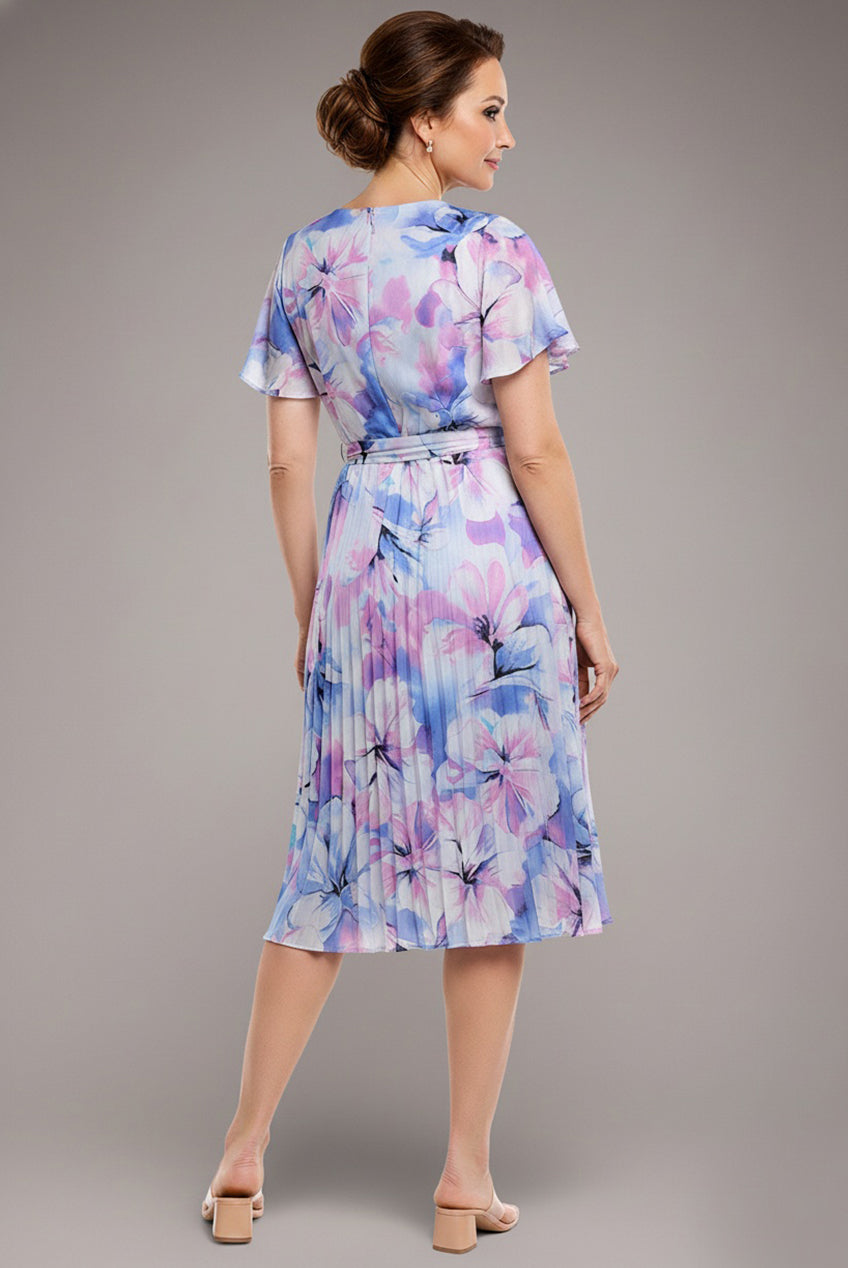 Flutter Sleeve Pleated Skirt Floral Midi Dress - Blue DR4565M