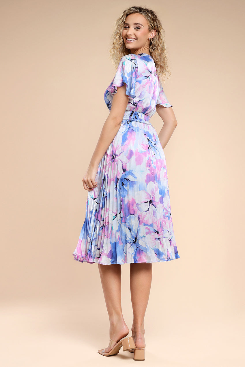 Flutter Sleeve Pleated Skirt Floral Midi Dress - Blue DR4565