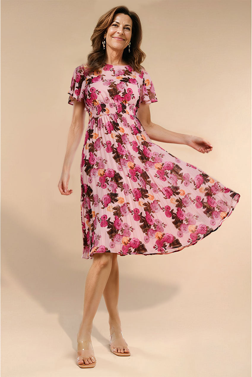Flutter Sleeve Pleated Skirt Floral Midi Dress - Pink DR4565M