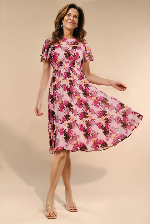 Flutter Sleeve Pleated Skirt Floral Midi Dress - Pink by Goddiva