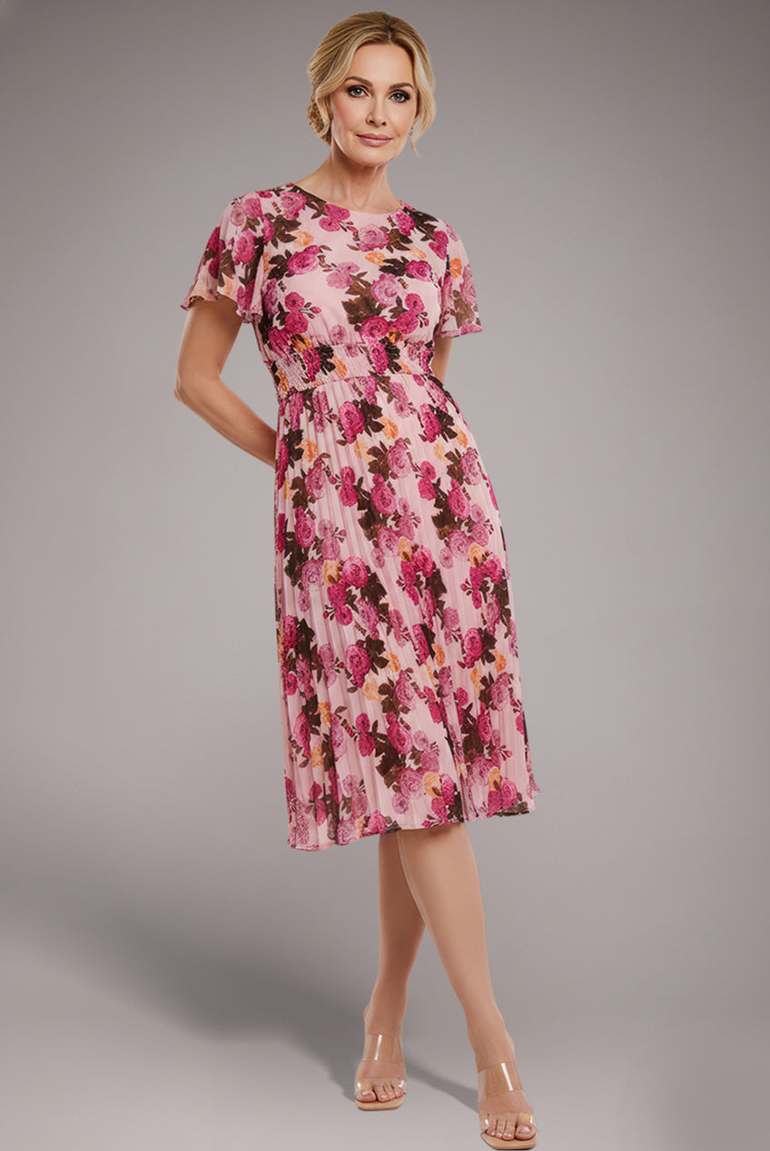 Flutter Sleeve Pleated Skirt Floral Midi Dress - Pink DR4565M