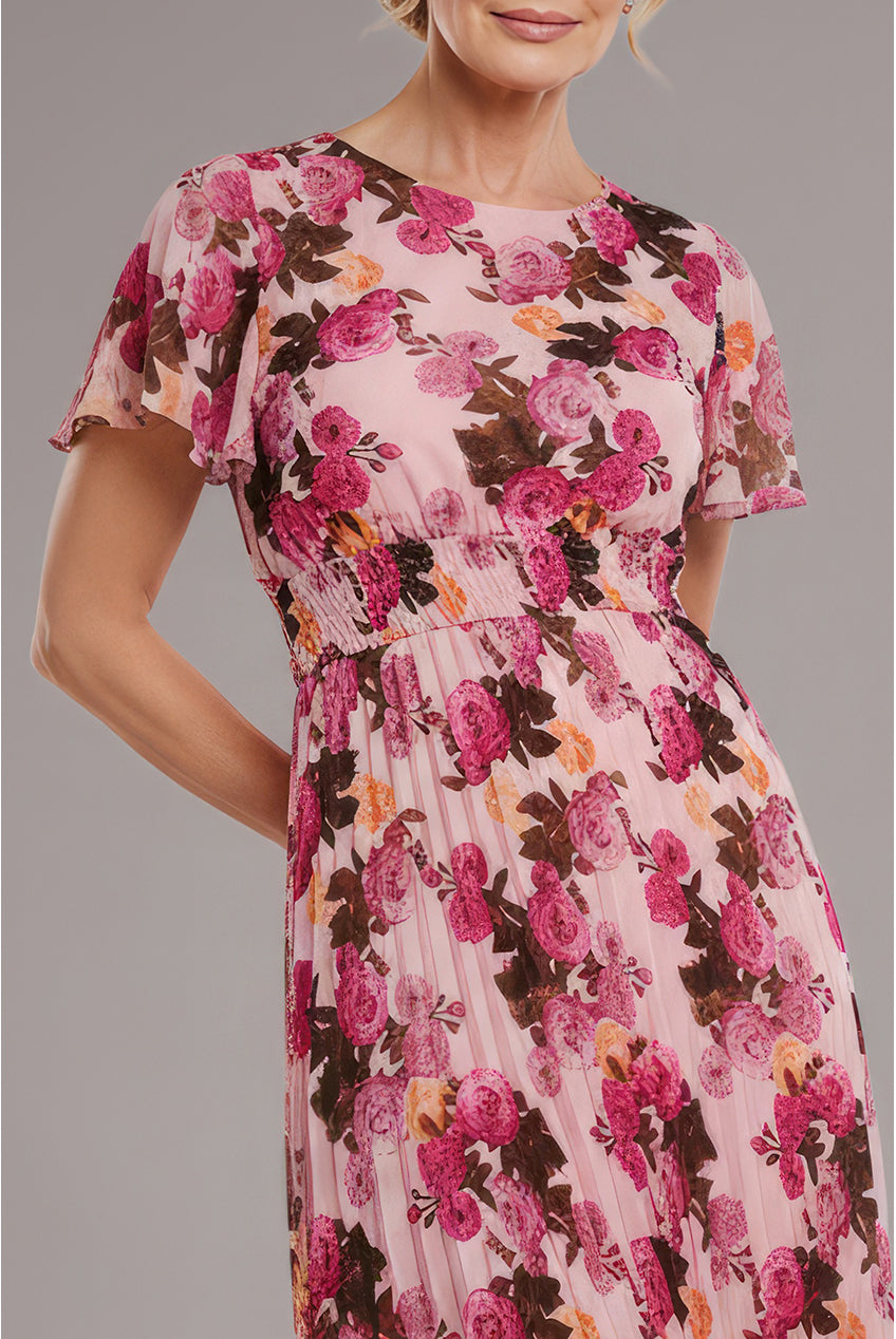Flutter Sleeve Pleated Skirt Floral Midi Dress - Pink DR4565M