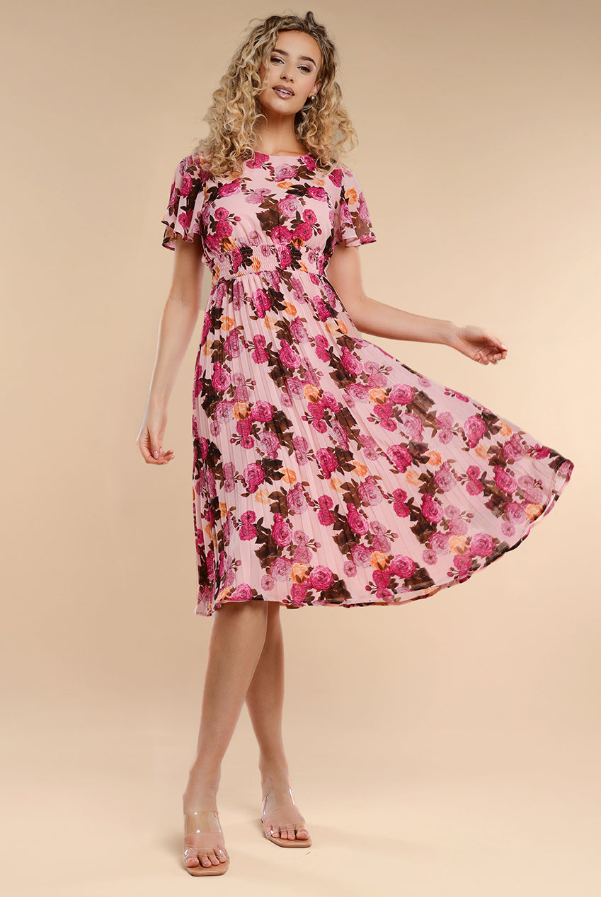 Flutter Sleeve Pleated Skirt Floral Midi Dress - Pink DR4565