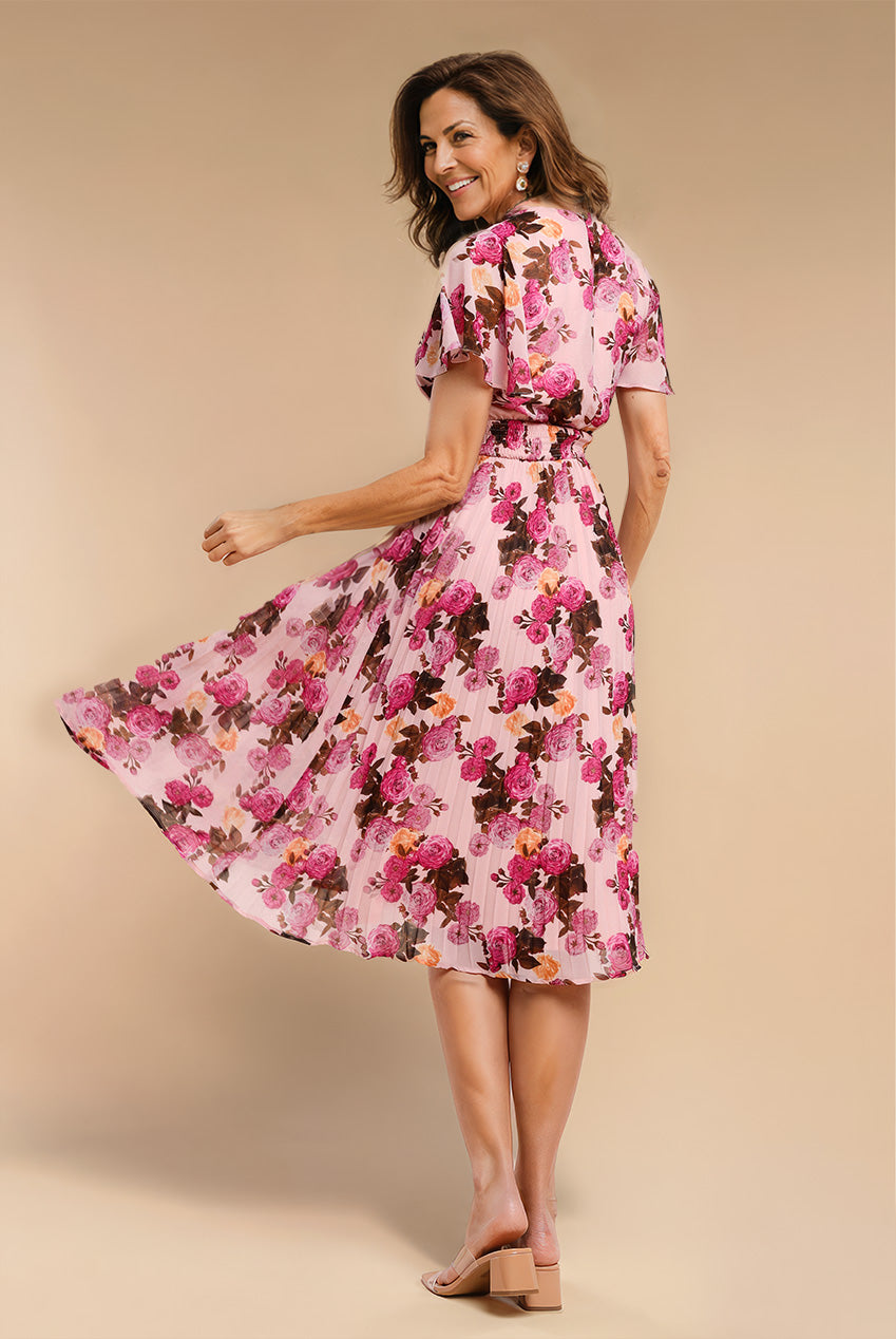 Flutter Sleeve Pleated Skirt Floral Midi Dress - Pink DR4565M