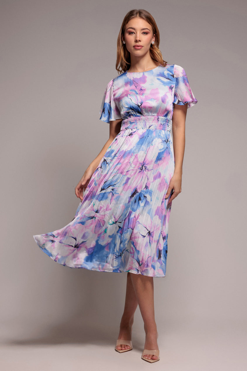 Flutter Sleeve Pleated Skirt Floral Midi Dress - Blue DR4565