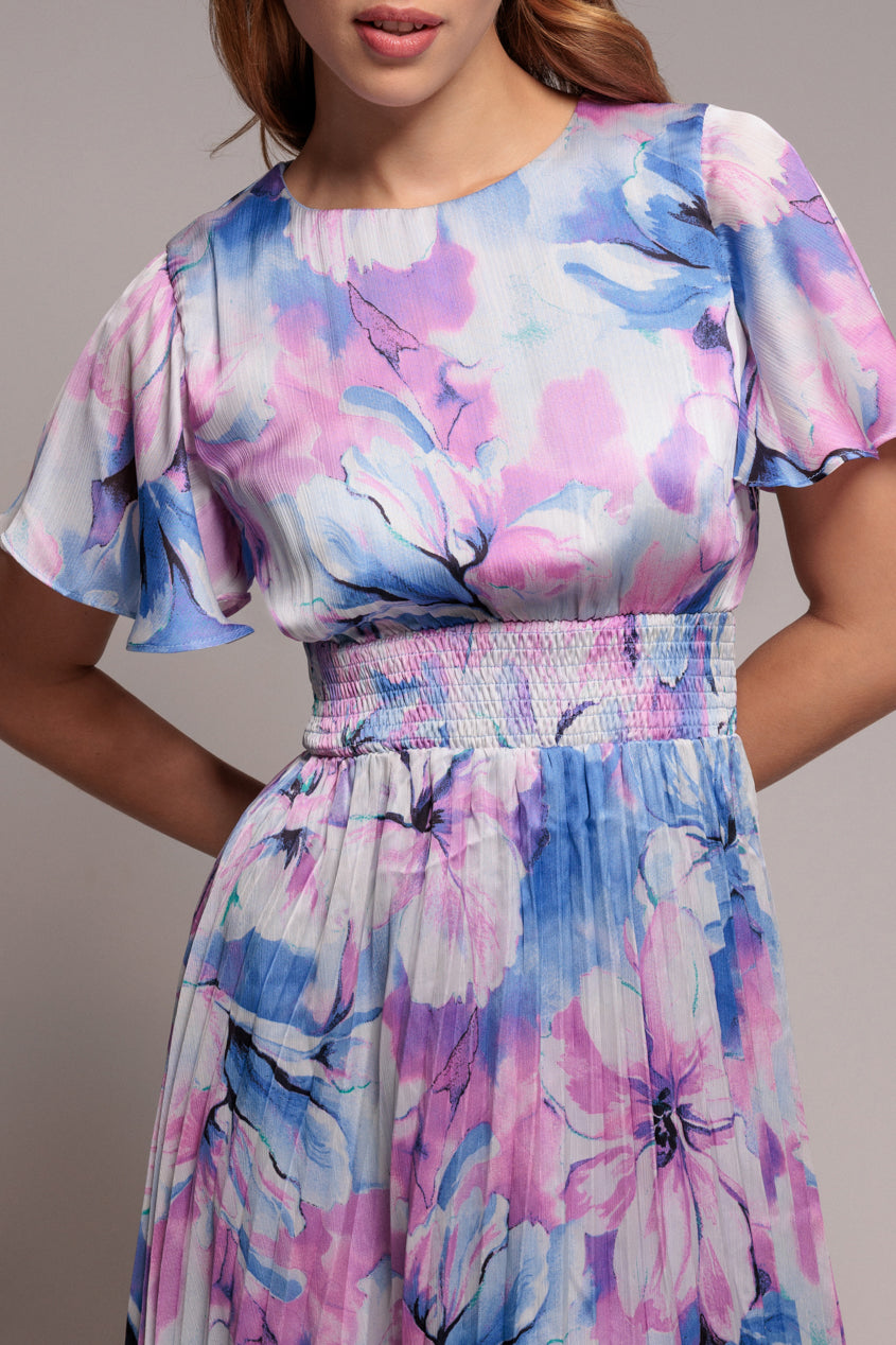 Flutter Sleeve Pleated Skirt Floral Midi Dress - Blue DR4565