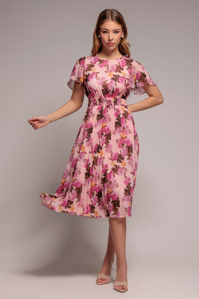 Flutter Sleeve Pleated Skirt Floral Midi Dress - Pink by Goddiva