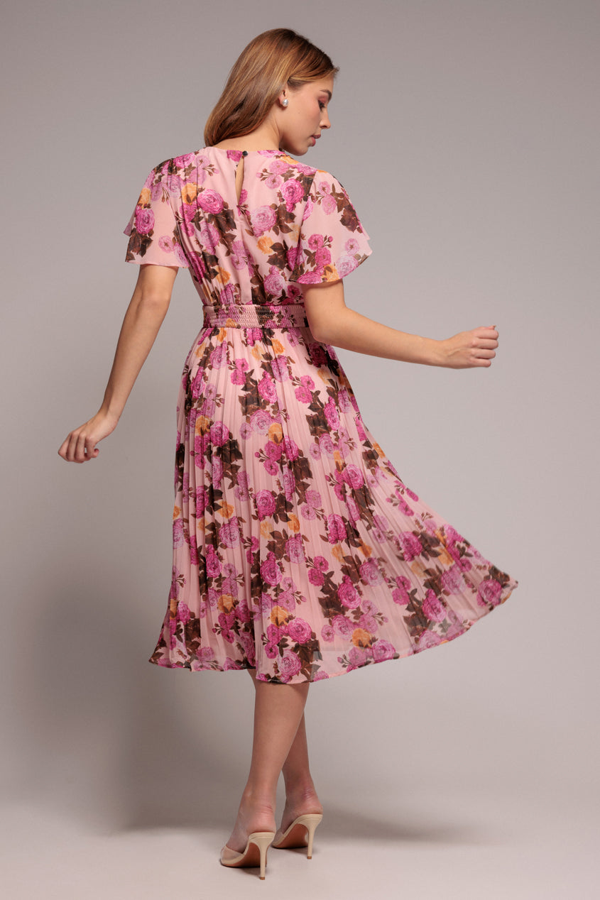 Flutter Sleeve Pleated Skirt Floral Midi Dress - Pink DR4565