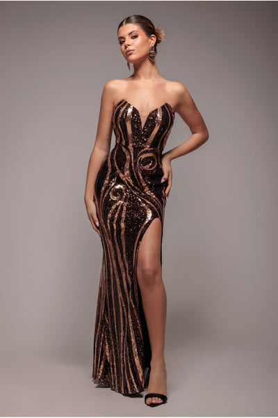 blue black white gold dress gif Strapless Multi Sequin Maxi Dress - Bronze