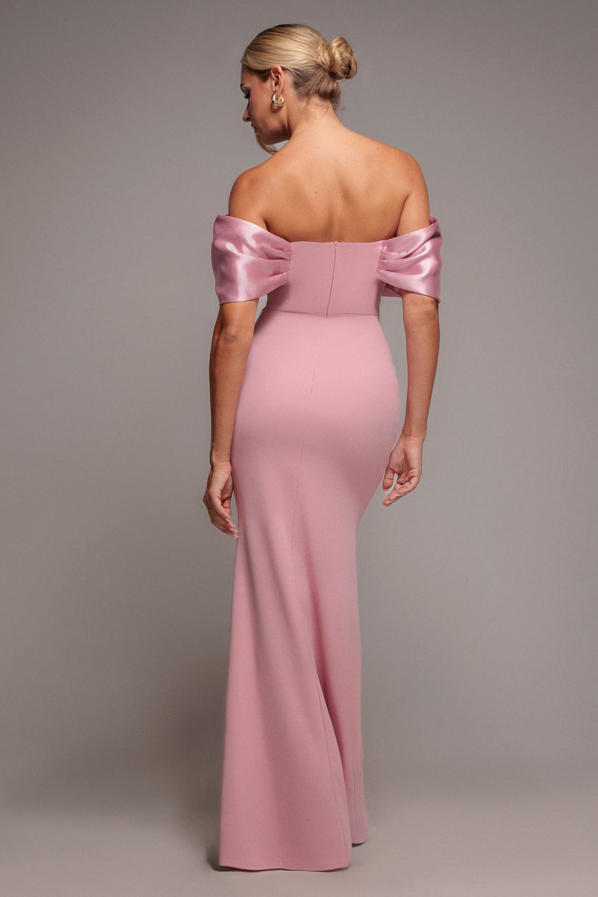 Twist Knot Satin & Scuba Bardot Maxi Dress - Blush Pink DR4575