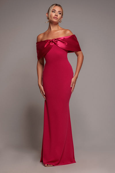 Magenta - Twist Knot Satin & Scuba Bardot Maxi Dress - Magenta by Goddiva