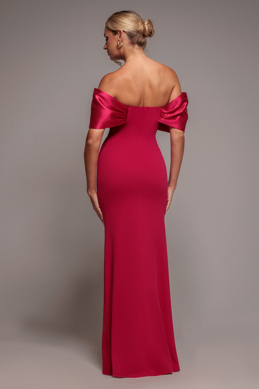 Twist Knot Satin & Scuba Bardot Maxi Dress - Magenta DR4575