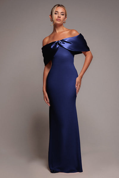 Twist Knot Satin & Scuba Bardot Maxi Dress - Navy Blue by Goddiva