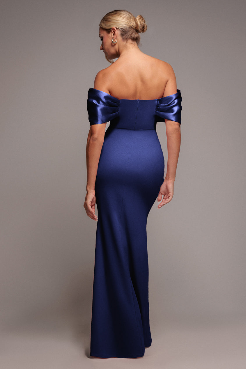 Twist Knot Satin & Scuba Bardot Maxi Dress - Navy Blue DR4575