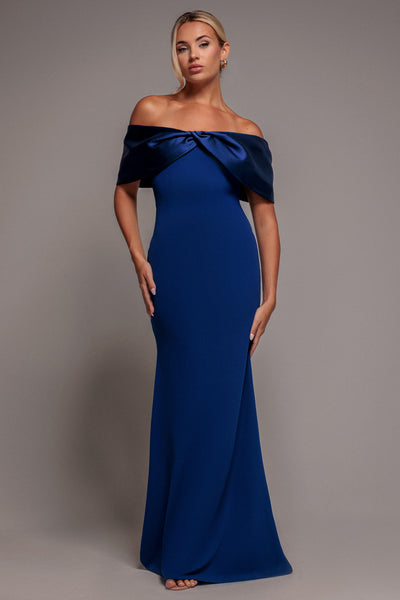 Royal Blue - Twist Knot Satin & Scuba Bardot Maxi Dress - Royal Blue by Goddiva