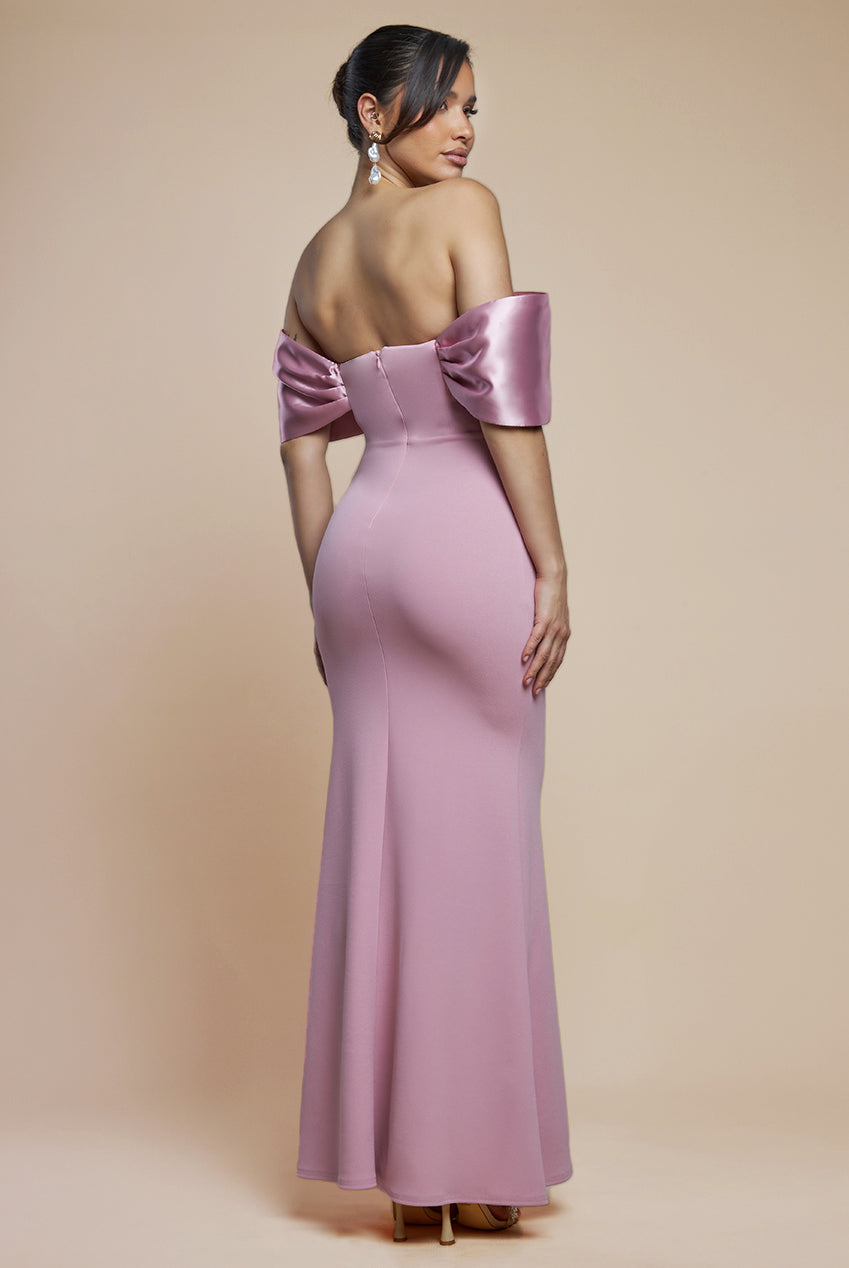 Twist Knot Satin & Scuba Bardot Maxi Dress - Blush Pink DR4575