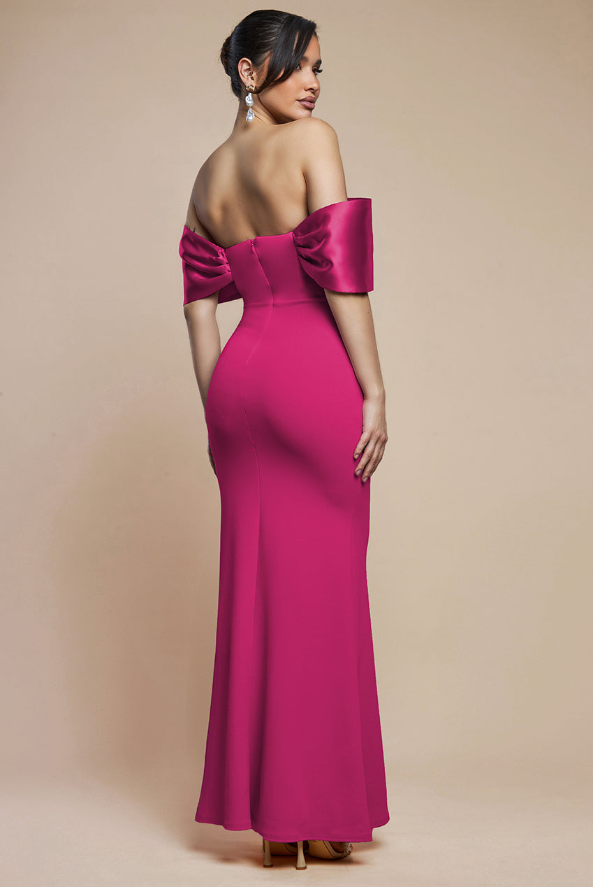 Twist Knot Satin & Scuba Bardot Maxi Dress - Magenta DR4575