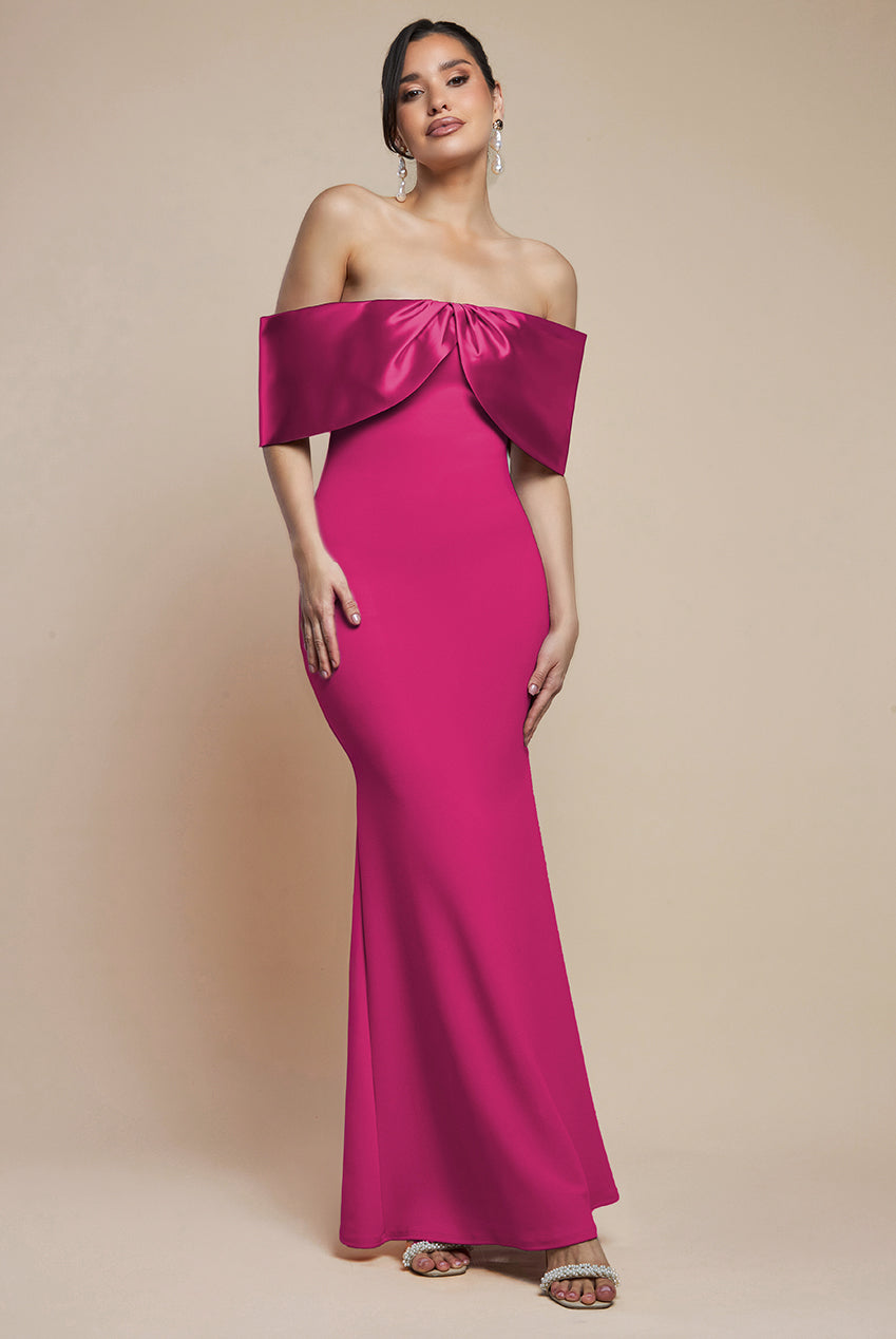 Twist Knot Satin & Scuba Bardot Maxi Dress - Magenta DR4575