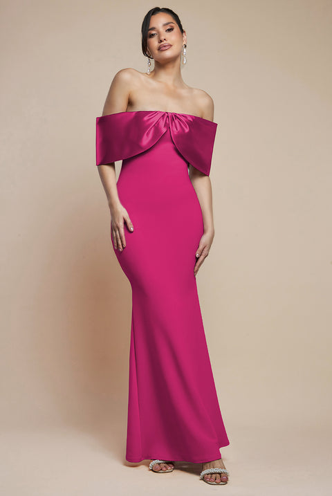 Twist Knot Satin & Scuba Bardot Maxi Dress - Magenta by Goddiva